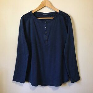 100% Cotton Bleu Gray Lace Shoulder 1/4 Button Down Dark Blue Top - XL